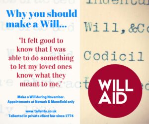 Make a Will during Will Aid month at Tallents Solicitors in Newark and Mansfield