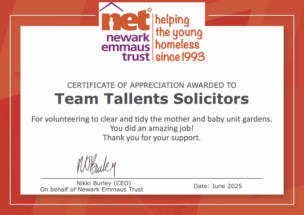 Newark Emmaus Trust thank Tallents Solicitors for their volunteering efforts